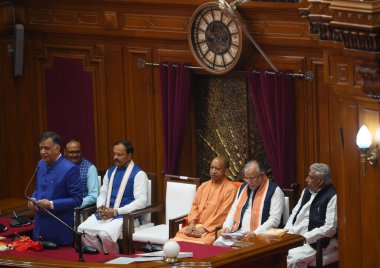 LUCKNOW INDIA DECEMBER 16 2024 Vidhan Sabha Speaker Satish Mahana addressed on the first day of the winter session at UP Assembly on December 16 2024 in Lucknow India The opening day of the Uttar Pradesh Assembly winter session on Monday December clipart