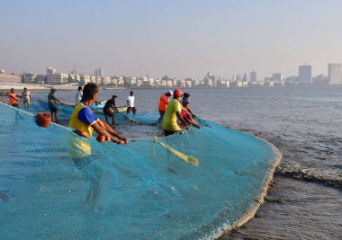 MUMBAI INDIA 16 ARALIK 2024 Balıkçılık Departmanı Mangrove Vakfı ve Okyanus Plastik Temizlik Kampanyası sırasında Girgaon Chowpatty yakınlarında 16 Aralık 2024 tarihinde Mumbai Indi