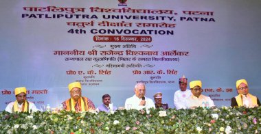 PATNA INDIA DECEMBER 16 2024 Bihar Governor Rajendra Vishwanath Arlekar delivering his lecture during 4th convocation of Patliputra University at S K Memorial hall on December 16 2024 in Patna India Photo by Santosh Kumar Hindustan Times  clipart