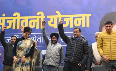 NEW DELHI INDIA DECEMBER 18 2024 Delhi CM Atishi and AAP convener Arvind Kejriwal during announcement of Sanjeevani Yojna on December 18 2024 in New Delhi India Kejriwal announced that elderly citizens over 60 years of age will receive treatment free clipart