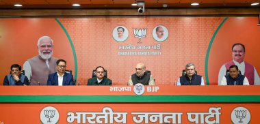 NEW DELHI INDIA DECEMBER 18 2024 Union Home Minister Amit Shah along with Cabinet Ministers JP Nadda Ashwini Vaishnaw Kiren Rijiju and Piyush Goel addresses a press conference at BJP Headquarters on December 18 2024 in New Delhi India Union Home Mini clipart