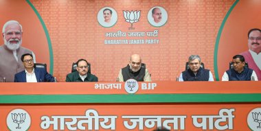 NEW DELHI INDIA DECEMBER 18 2024 Union Home Minister Amit Shah along with Cabinet Ministers JP Nadda Ashwini Vaishnaw Kiren Rijiju and Piyush Goel addresses a press conference at BJP Headquarters on December 18 2024 in New Delhi India Union Home Mini clipart