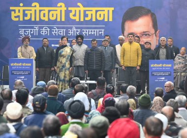 NEW DELHI INDIA DECEMBER 18 2024 Delhi Chief Minister Atishi and AAP National Convener Arvind Kejriwal during an event to announce new Heath Scheme Sanjivni Yojna for elderly on December 18 2024 in New Delhi India Kejriwal announced that elderly citi clipart