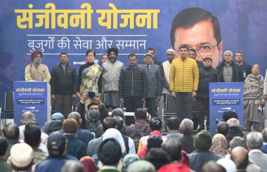 NEW DELHI INDIA DECEMBER 18 2024 Delhi Chief Minister Atishi and AAP National Convener Arvind Kejriwal during an event to announce new Heath Scheme Sanjivni Yojna for elderly on December 18 2024 in New Delhi India Kejriwal announced that elderly citi clipart