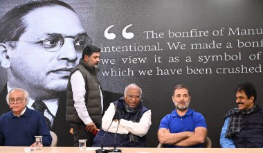 NEW DELHI INDIA DECEMBER 19 2024 Congress President Mallikarjun Kharge with LoP in the Lok Sabha and party MP Rahul Gandhi party MPs Jairam Ramesh and K C Venugopal during a press conference at AICC Headquarters on December 19 2024 in New Delhi India clipart