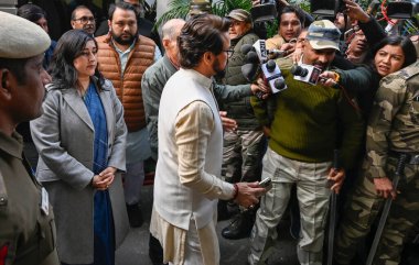 NEW DELHI INDIA DECEMBER 19 2024 BJP MPs Anurag Thakur and Bansuri Swaraj talking with media person after lodged a FIR complaint with the Delhi Police against Rahul Gandhi after 2 MPs injured during a protest in Parliament premises at Parliament Stre clipart