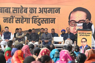 NEW DELHI INDIA DECEMBER 19 2024 Rajya Sabha MP Sanjay singh address the public on the presets of AAP National Convenor Arvind Kejriwal during a public meeting against the disrespectful statement made by Union Home Minister Amit Shah about Bharat Rat clipart