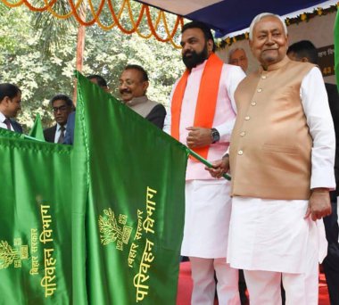 PATNA INDIA DECEMBER 19 2024 Bihar Chief Minister Nitish Kumar with Deputy Chief Minister Samrat Choudhary flagging off 43 new deluxe buses under Bihar State Road Transport Corporation at 1 Anne Marg on Decemberr 19 2024 in Patna India Photo by Santo clipart