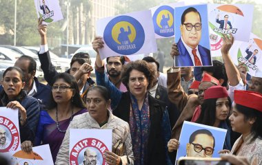 NEW DELHI INDIA DECEMBER 20 2024 Congress MP Priyanka Gandhi Vadra and Indi Alliance MPs hold poster I am Ambedkar during protest at Vijay Chowk against the alleged insult of Babasaheb Ambedkar by the Union Home Minister Amit Shah on December 20 2024 clipart