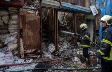 MUMBAI, INDIA - DECEMBER 28, 2024: Massive fire broke out to scrape and plastic materials iGodowns at Wajid Ali Compound, Khairani Road, Sakinaka, on December 28, 2024 in Mumbai, India. Fire Brigade officials reported no injuries. clipart