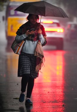 NOIDA, INDIA - 27 Aralık 2024 'te Hindistan' ın Noida kentinde kış yağmuru sırasında Kuzey Hindistan 'da şiddetli soğuk hava dalgalarına yağmur yağdı. Delhi ve yakındaki bölgelerde mod alındı