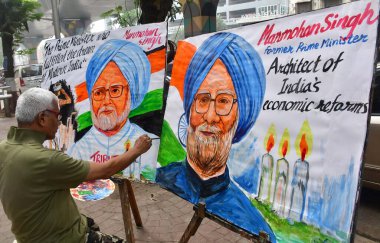 MUMBAI INDIA DECEMBER 27 2024 An artist from the Gurukul School of Art draws a painting of Former India Prime Minister Manmohan Singh to tribute him on December 27 2024 in Mumbai India Former Indian prime minister Manmohan Singh has died at the age o clipart