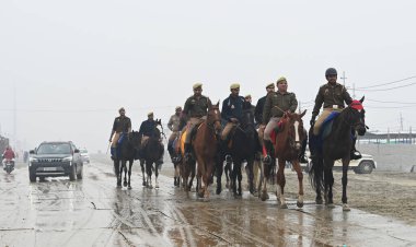 PRAYAGRAJ INDIA DECEMBER 28 2024 Mounted cops are patrolling at Mahakumbh Nagar ahead of the upcoming Mahakumbh 2025 on December 28 2024 in Prayagraj India The next Maha Kumbh Mela will take place in Prayagraj from January 13 to February 26 2025 The  clipart