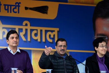 NEW DELHI INDIA DECEMBER 30 2024 AAP convenor Arvind Kejriwal along with Delhi Chief Minister Atishi AAP leader Saurabh Bhardwaj during a press conference at AAP HQ ahead of Delhi assembly election on December 30 2024 in New Delhi India Amid a huge r clipart