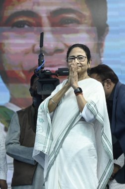 SANDESHKHALI INDIA DECEMBER 30 2024 Chief Minister Mamata Banerjee greets to the people of Sandeshkhali during an Adminstrative Meeting in North 24 Parganas on December 30 2024 in Sandeshkhali India Almost a year after protests erupted in the island  clipart