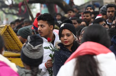 NEW DELHI, INDIA - JANUARY 1, 2025: Huge Rush of Devotees waiting to pay obeisance at the Kalka Mata Mandir on the first day of the year 2025, at Kalka Ji, on January 1, 2024 in New Delhi, India. (Photo by Arvind Yadav/Hindustan Times ) clipart