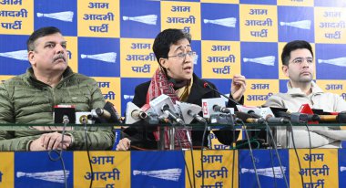 NEW DELHI INDIA JANUARY 6 2025 Senior AAP Leader and Delhi Chief Minister Atishi Rajya Sabha MPs Sanjay Singh and Raghav Chadha address press conference at AAP HQ on January 6 2025 in New Delhi India Photo by Sonu Mehta Hindustan Times clipart