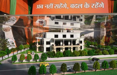 NEW DELHI INDIA JANUARY 8. 2025 İnsanlar eski Delhi CM Arvind Kejriwal 'ın bir modelini 8 Ocak 2025 tarihinde Pandit Pant Marg' da Delhi Pradesh BJP ofisinde sergilenirken görüyorlar.