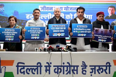 NEW DELHI INDIA JANUARY 8 2025 Congress leader Ashok Gahlot along with Delhi Congress President Devender Yadav launch a health care policy Jiwan Raksha Yojna ahead of Delhi assembly elections at DPCC on January 8 2025 in New Delhi India Photo by Salm clipart