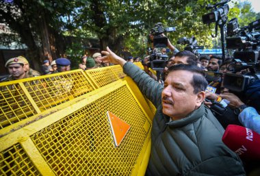 NEW DELHI INDIA JANUARY 8 2025 AAP Leaders Sanjay Singh along with Saurabh Bhardwaj seen after they were denied to enter the former residence of Delhi CM with media at Flag Staff Road on January 8 2025 in New Delhi India Challenging the BJP over its  clipart