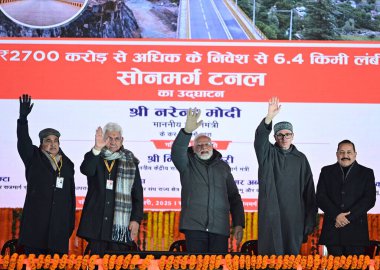 SRINAGAR INDIA JANUARY 13 2025 Prime Minister Narendra Modi along with Jammu and Kashmir Lieutenant Governor Manoj Sinha Jammu and Kashmir Chief Minister Omar Abdullah Minister of Road Transport and Highways Nitin Gadkari and Union Minister Jitendra  clipart