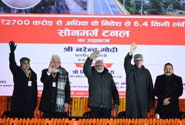 SRINAGAR INDIA JANUARY 13 2025 Prime Minister Narendra Modi along with Jammu and Kashmir Lieutenant Governor Manoj Sinha Jammu and Kashmir Chief Minister Omar Abdullah Minister of Road Transport and Highways Nitin Gadkari and Union Minister Jitendra  clipart