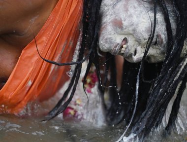 PRAYAGRAJ INDIA JANUARY 14 2025 Female Sanyasini dips her hair in holy water during Shahi bath at Sangam on the occasion of Makar Sankranti on January 14 2025 in Prayagraj India  clipart