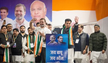 NEW DELHI INDIA JANUARY 13 2025 Leader of the Opposition in the Lok Sabha and Congress leader Rahul Gandhi during the address a Jai Bapu Jai Bhim Jai Samvidhan public meeting at Zero Pushta in Seelampur area ahead of the Delhi Assembly elections clipart