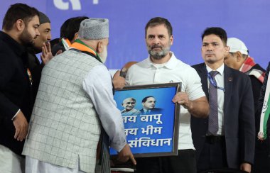 NEW DELHI INDIA JANUARY 13 2025 Leader of the Opposition in the Lok Sabha and Congress leader Rahul Gandhi during the address a Jai Bapu Jai Bhim Jai Samvidhan public meeting at Zero Pushta in Seelampur area ahead of the Delhi Assembly elections clipart