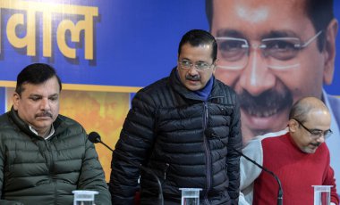 NEW DELHI INDIA JANUARY 14 2025 Aam Aadmi Party AAP National Convener Arvind Kejriwal with AAP MP Sanjay Singh and Party Leader Dalip Pandey during a press conference ahead of the Assembly elections at AAP Headquater on January 14 2025 in New Delhi  clipart