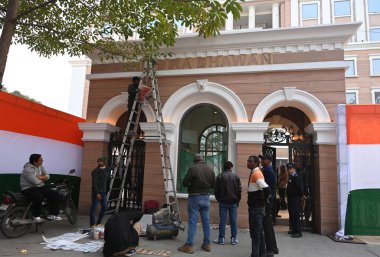 NEW DELHI INDIA JANUARY 14 2025 View of Indira Bhawan new headquarters of All Indian National Congress party getting ready ahead of its inauguration at 9A Kotla Road on January 14 2025 in New Delhi India  clipart