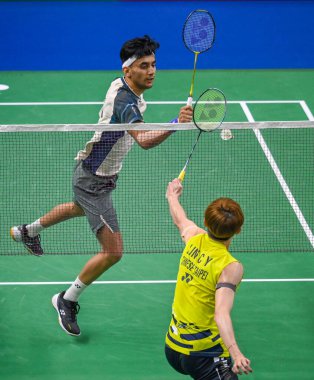 NEW DELHI INDIA JANUARY 15 2025 Lakshya Sen from India competes against Lin Chun yi from Taiwan at Yonex Sunrise India Open 2025 Badminton Tournament on January 15 2025 in New Delhi India Photo by Sanchit Khanna Hindustan Times clipart