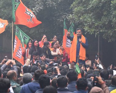 NEW DELHI INDIA JANUARY 15 2025 BJP candidate from New Delhi Assembly Parvesh Sahib Singh along with supporters after file his nomination at Mansingh Road on January 15 2025 in New Delhi India Photo by Sonu Mehta Hindustan Times clipart