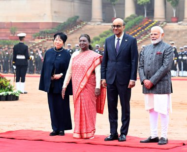 NEW DELHI INDIA JANUARY 16 2025 President Droupadi Murmu and Prime Minister Narendra Modi with Singapore President Tharman Shanmugaratnam and First Lady Jane Yumiko Ittogi during a ceremonial reception at the Rashtrapati Bhavan on January 16 2025 in  clipart