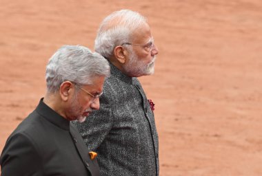 NEW DELHI INDIA JANUARY 16 2025 Prime Minister Narendra Modi with External Affairs Minister S Jaishankar during the ceremonial reception of Singapore President Tharman Shanmugaratnam at the Rashtrapati Bhavan on January 16 2025 in New Delhi India Pho clipart