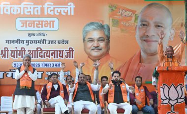 NEW DELHI INDIA JANUARY 23 2025 Uttar Pradesh chief minister Yogi Adityanath address a Public Meeting in the support of BJP Karol Bagh candidate Dushyant Gautam for delhi assembly Election at Arya Samajtar Mandir Road Karol Bagh on January 23 2025 in clipart