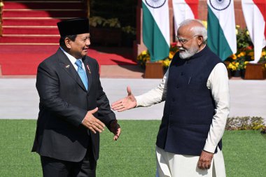 NEW DELHI INDIA JANUARY 25 2025 Prime Minister Narendra Modi and Indonesian President Prabowo Subianto before their meeting at Hyderabad House on January 25 2025 in New Delhi India Photo by Arvind Yadav Hindustan Times  clipart