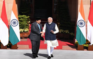 NEW DELHI INDIA JANUARY 25 2025 Prime Minister Narendra Modi and Indonesian President Prabowo Subianto before their meeting at Hyderabad House on January 25 2025 in New Delhi India Photo by Arvind Yadav Hindustan Times  clipart