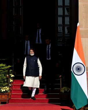 NEW DELHI INDIA JANUARY 25 2025 Prime Minister Narendra Modi arrive for meeting with Indonesian President Prabowo Subianto at Hyderabad House on January 25 2025 in New Delhi India Photo by Salman Ali Hindustan Times  clipart