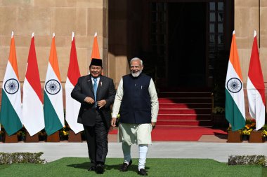 NEW DELHI INDIA JANUARY 25 2025 Indonesian President Prabowo Subianto and Indian Prime Minister Narendra Modi during a photo opportunity ahead of their meeting at the Hyderabad House on January 25 2025 in New Delhi India Photo by Salman Ali Hindustan clipart