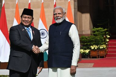 NEW DELHI INDIA JANUARY 25 2025 Indonesian President Prabowo Subianto and Indian Prime Minister Narendra Modi during a photo opportunity ahead of their meeting at the Hyderabad House on January 25 2025 in New Delhi India Photo by Salman Ali Hindustan clipart