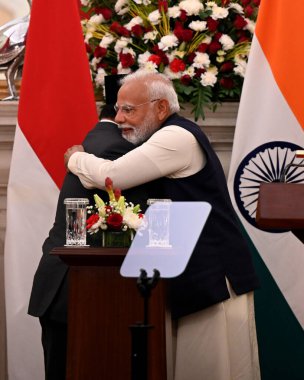 NEW DELHI INDIA JANUARY 25 Ocak 2025 Endonezya Başkanı Prabowo Subianto L ve Hindistan Başbakanı Narendra Modi, 25 Ocak 2025 tarihinde Hyderabad House 'da Yeni Hindistan' da Salman Ali Hindustan Times tarafından yapılan ortak basın brifinginde bir konuşma yaptı. 