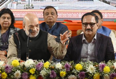 NEW DELHI INDIA JANUARY 25 2025 Union Home Minister and Cooperation Minister Amit Shah along with Delhi BJP president Virendra Sachdeva incharge BJP Delhi Baijayant panda MP Ramveer Singh Bidhuri Manoj Tiwari Vijendra Gupta Union cabinet minister Har clipart