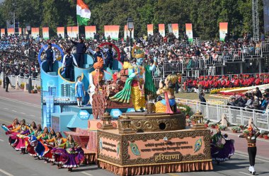 NEW DELHI INDIA JANUARY 26 2025 Artists perform beside the tableaux of Haryana state during the Republic Day Parade 2025 at Kartavya Path on January 26 2025 in New Delhi India Photo by Ajay Aggarwal Hindustan Times  clipart