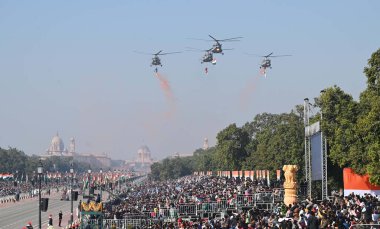 NEW DELHI INDIA JANUARY 26 2025 IAF Choppers Shower Flower Petals during the Republic Day Parade 2025 at Kartavya Path on January 26 2025 in New Delhi India Photo by Arvind Yadav Hindustan Times  clipart