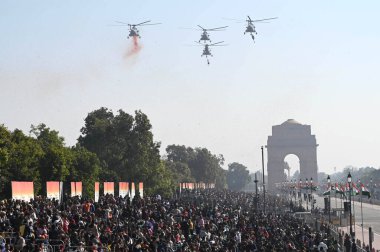 NEW DELHI INDIA JANUARY 26 2025 IAF Helicoptors Shower Flower Petals during the Republic Day Parade 2025 at Kartavya Path on January 26 2025 in New Delhi India Photo by Arvind Yadav Hindustan Times  clipart