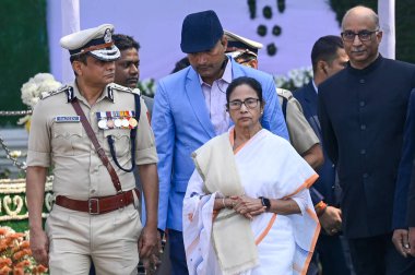 KOLKATA INDIA JANUARY 26 2025 Chief Minister of West Bengal Mamata Banerjee M along with DGP Rajeev Kumar L and chief secretary Dr Manoj Pant R attend the 76th Republic Day Parade ceremony at Red Road on January 26 2025 in Kolkata India Photo by Sami clipart