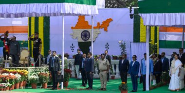 KOLKATA INDIA JANUARY 26 2025 Governor of West Bengal C V Ananda Bose L and CM Mamata Banerjee R during the 76th Republic Day Parade ceremony at Red Road on January 26 2025 in Kolkata India Photo by Samir Jana Hindustan Times  clipart