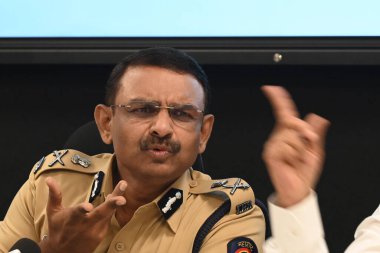 NAVI MUMBAI INDIA JANUARY 27 2025 Navi Mumbai Police Commissioner Milind Bharambe address media persons during release of Annual crime report during press conference at CP Office CBD Belapur on January 27 2025 in Navi Mumbai India Photo by Bachchan K clipart