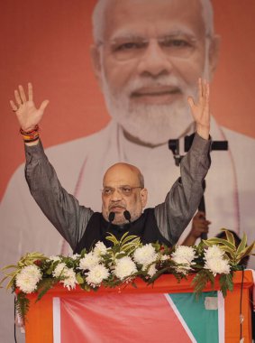 NEW DELHI INDIA JANUARY 30 2025 Union Home Minister Amit Shah during the public Rally in favor of BJP candidate Vijender Gupta from Rohini Assembly at Sector 7 on January 30 2025 in New Delhi India Photo by Raj K Raj Hindustan Times clipart